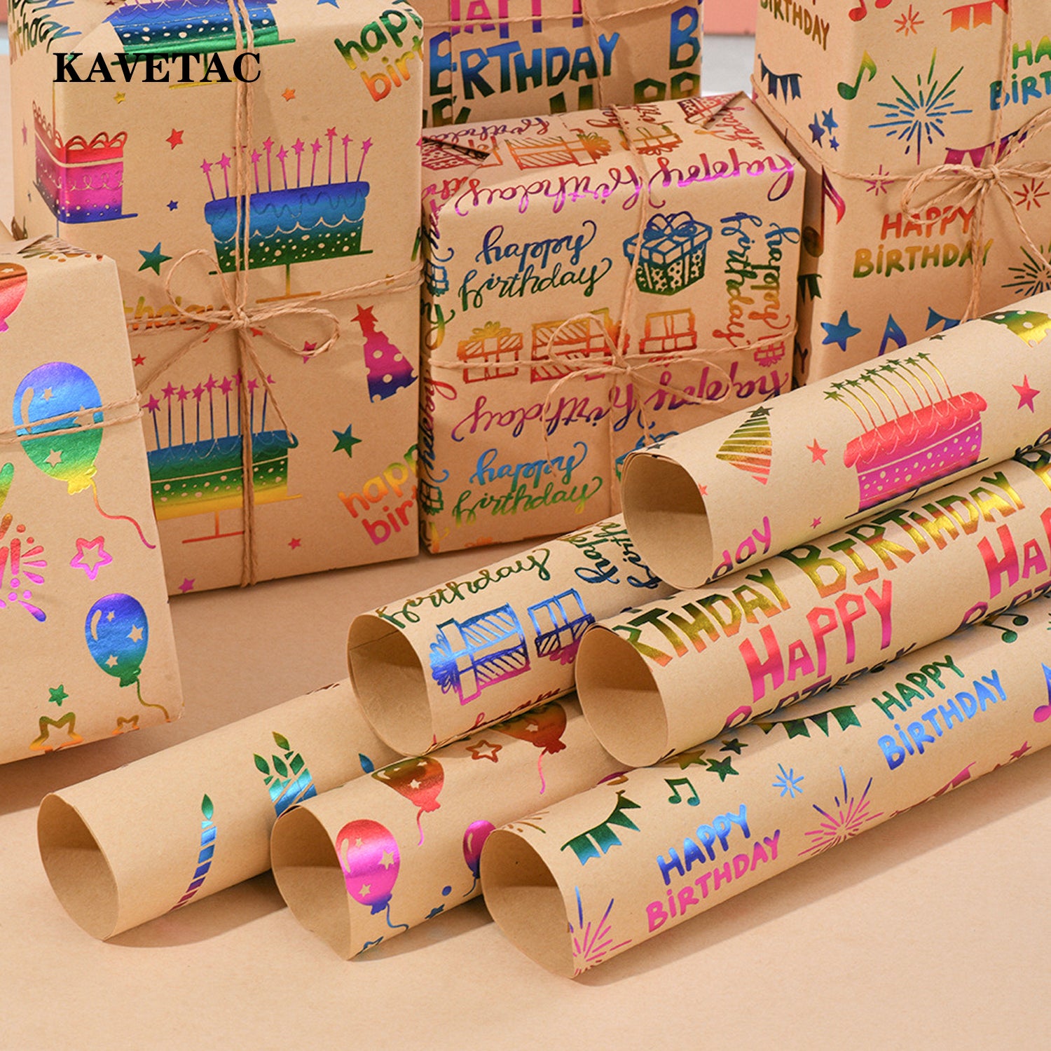 KAVETAC Holographic Kraft Wrapping Paper, Iridescent Foil Birthday Gift Wrap with Balloon Cake Candle Design for Presents, Party Favors and DIY Crafts