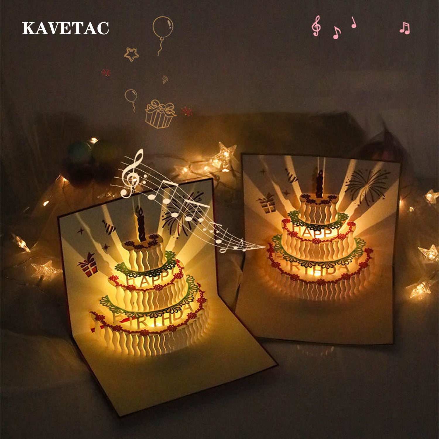 KAVETAC Musical Birthday Card, 3D Pop-Up Birthday Cake Greeting Card with LED Lights and Music, Creative Happy Birthday Card