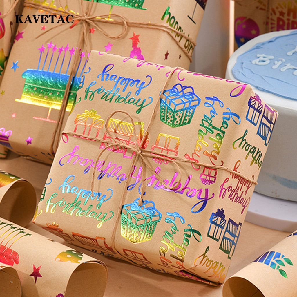 KAVETAC Holographic Kraft Wrapping Paper, Iridescent Foil Birthday Gift Wrap with Balloon Cake Candle Design for Presents, Party Favors and DIY Crafts