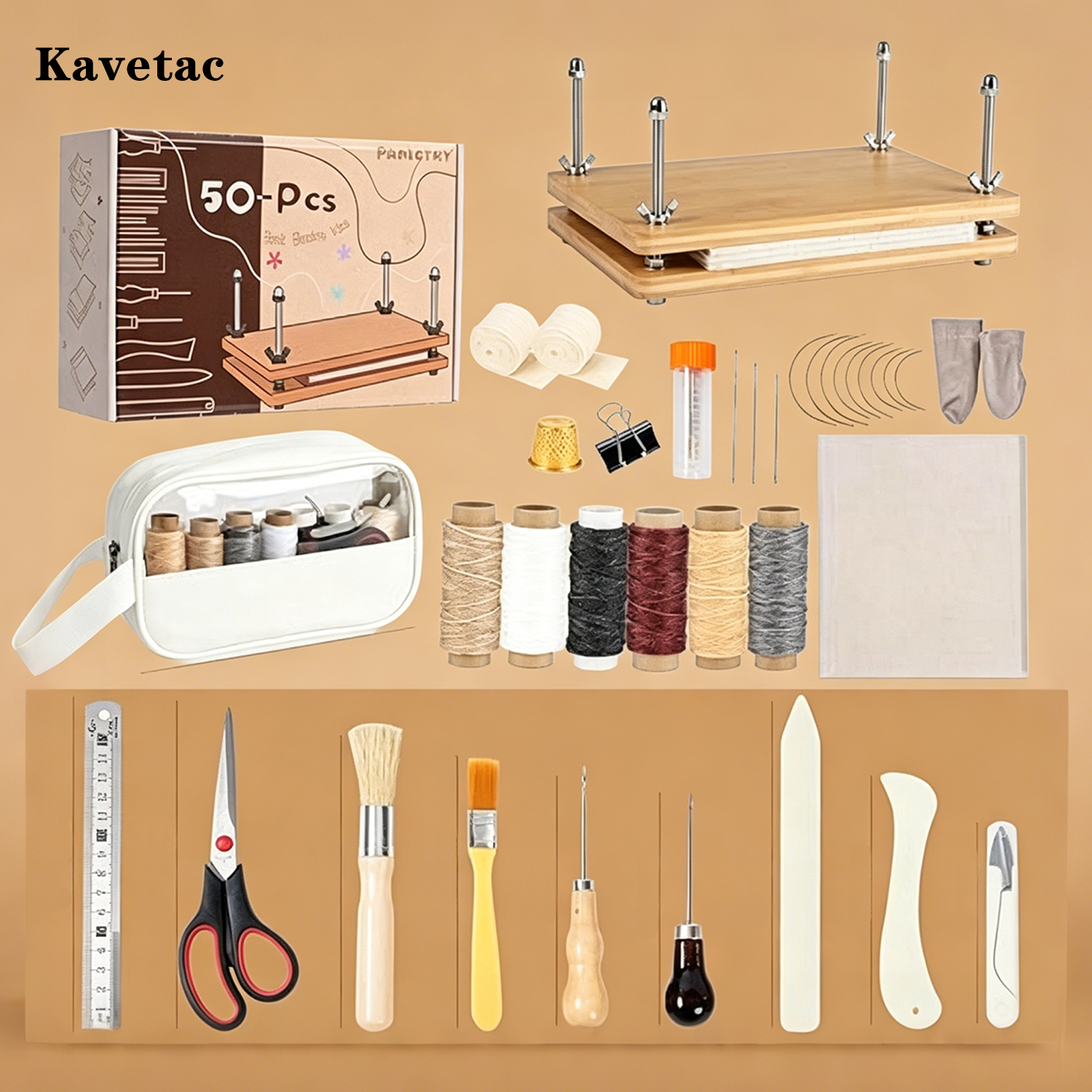 KAVETAC Complete Bookbinding Kit with Bamboo Press, 50+PCS DIY Book Making Tools for Beginners & Hobbyists