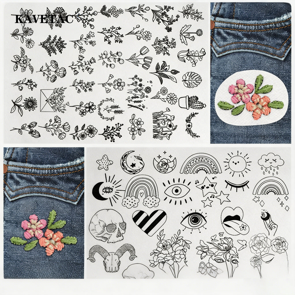 KAVETAC Embroidery Design Transfer Paper, Floral & Fun Patterns for Beginner Craft Projects