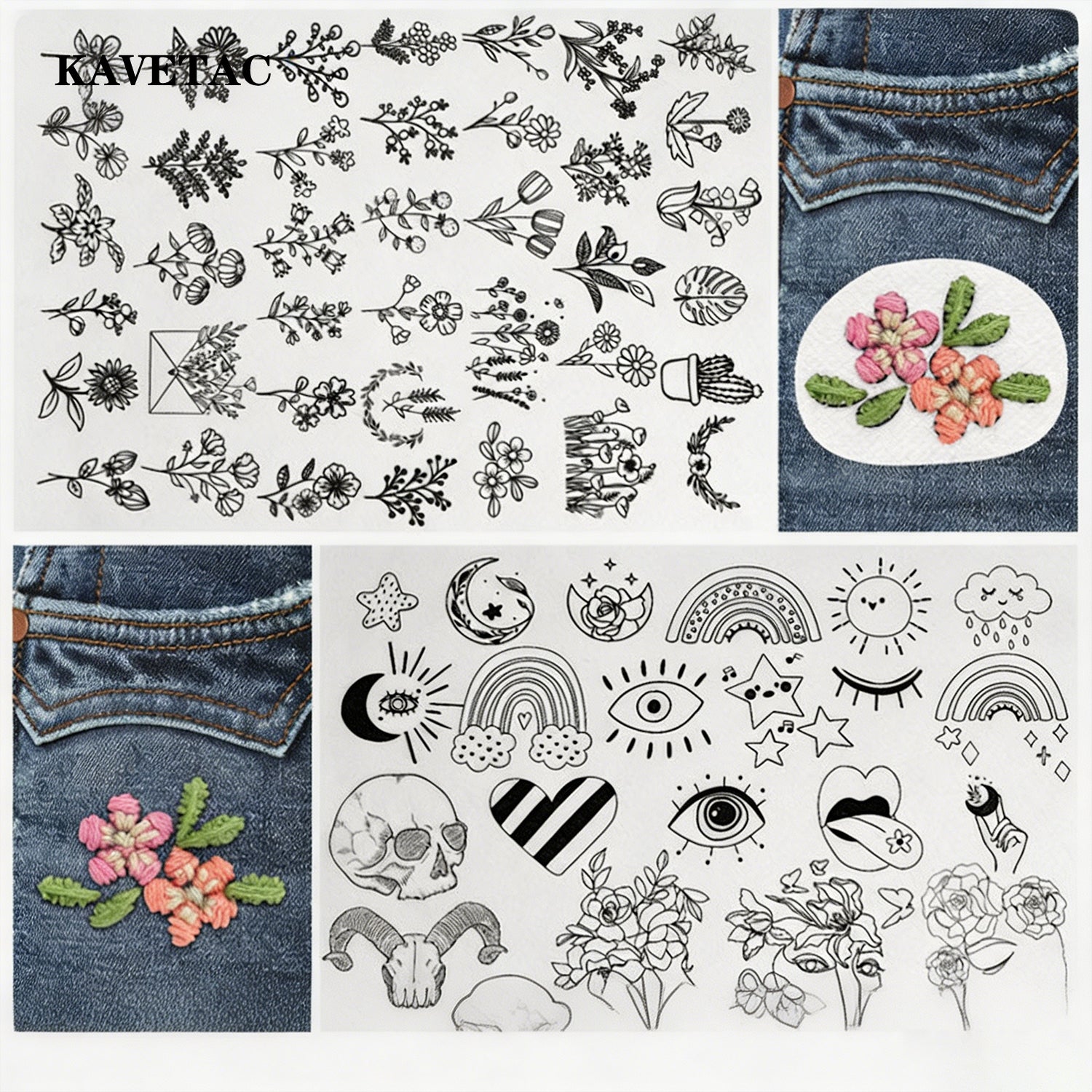 KAVETAC Embroidery Design Transfer Paper, Floral & Fun Patterns for Beginner Craft Projects