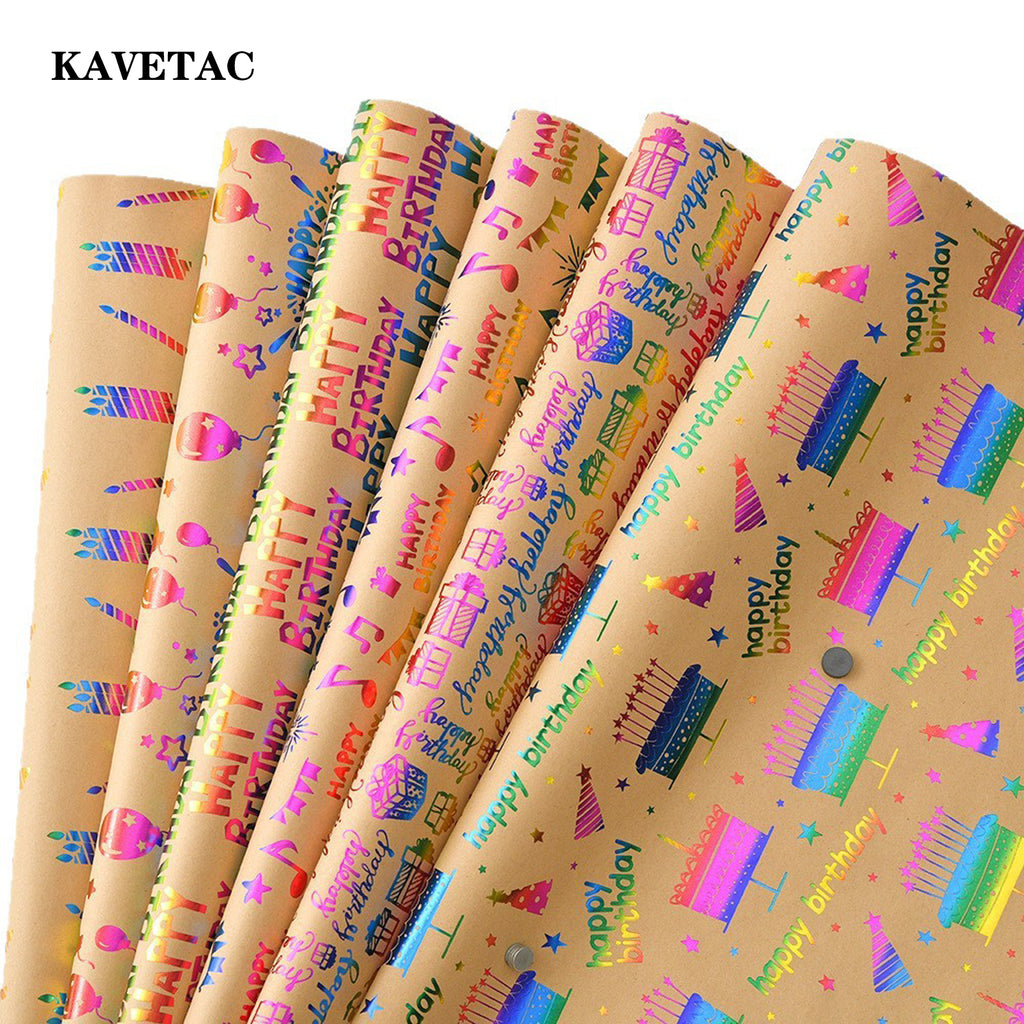 KAVETAC Holographic Kraft Wrapping Paper, Iridescent Foil Birthday Gift Wrap with Balloon Cake Candle Design for Presents, Party Favors and DIY Crafts