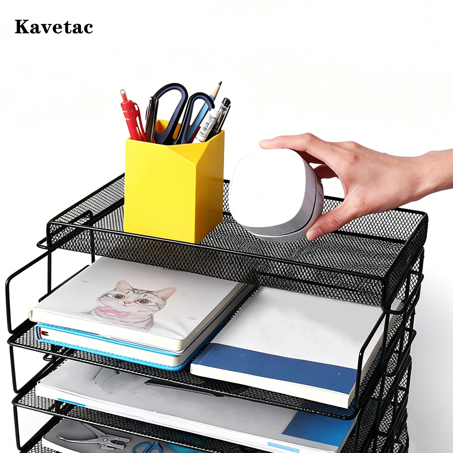KAVETAC Desk Organizers, 4-Tier Mesh Metal File Organizer with Top Tray for Office Supplies