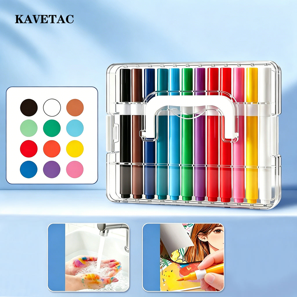 KAVETAC 12-Color Student Art Marker Set, Washable, Non-Bleeding & Safe for Kids & Artists