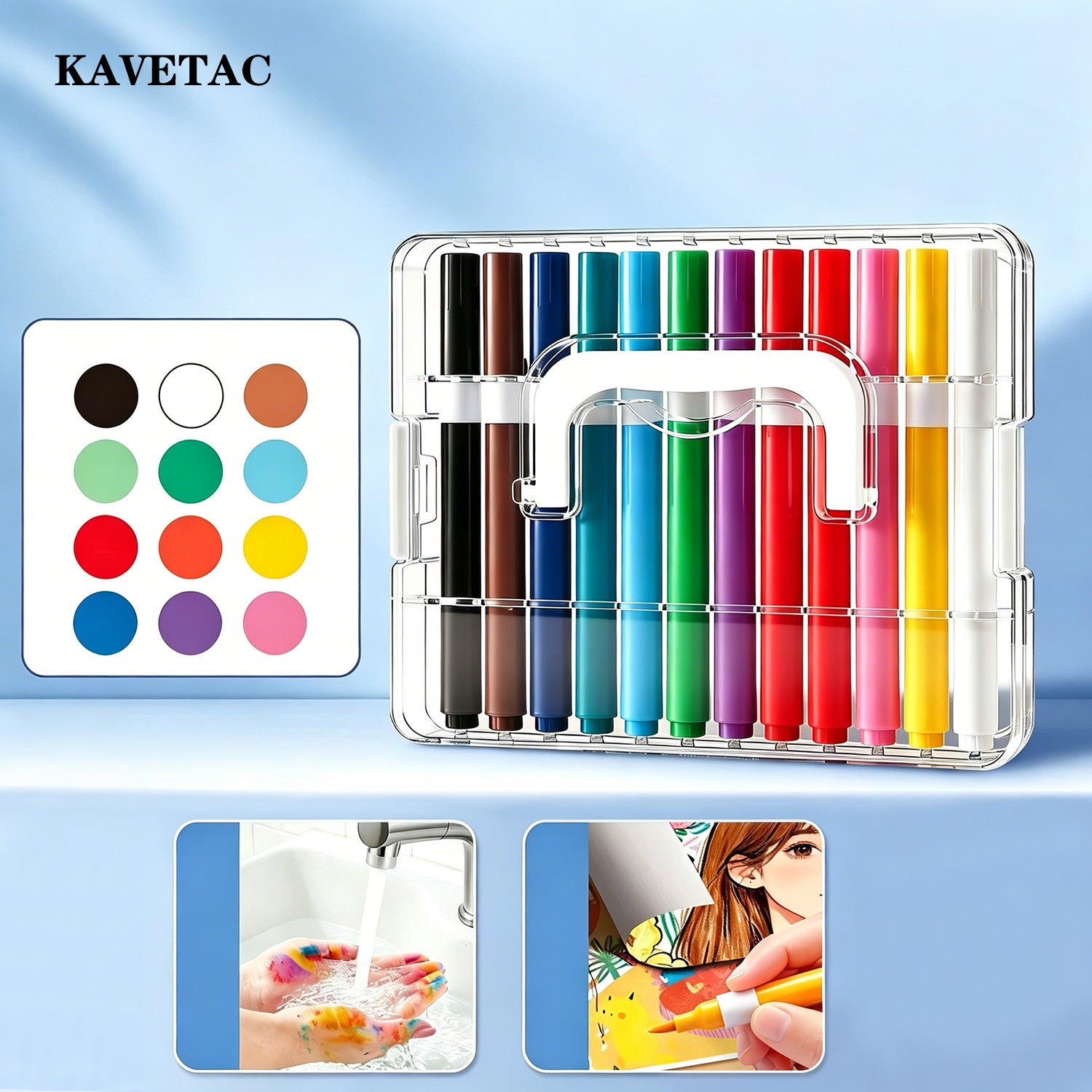 KAVETAC 12-Color Student Art Marker Set, Washable, Non-Bleeding & Safe for Kids & Artists