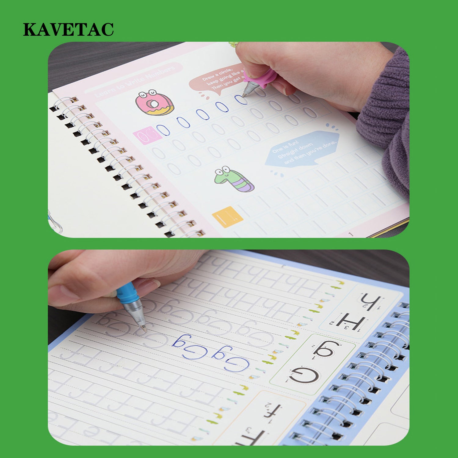 KAVETAC Practice Copybook for Kids, Reusable Grooved Handwriting Workbook, Letter Tracing and Handwriting Practice Books for Preschoolers and Kindergarten, 4 Books Set