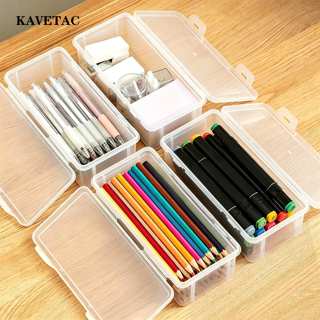 KAVETAC Clear Pencil Box for Kids, Large Capacity Plastic Pencil Case, Transparent Stationery Storage Box for Pencils, Crayons, Markers, Art Supplies and School Supplies