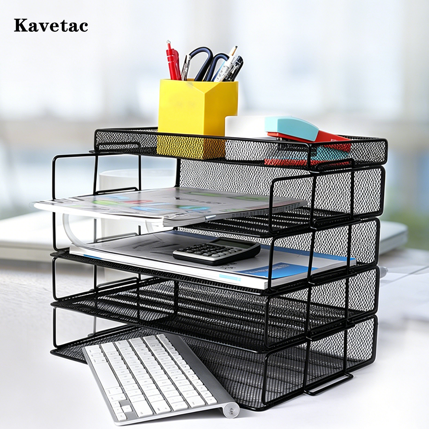 KAVETAC Desk Organizers, 4-Tier Mesh Metal File Organizer with Top Tray for Office Supplies