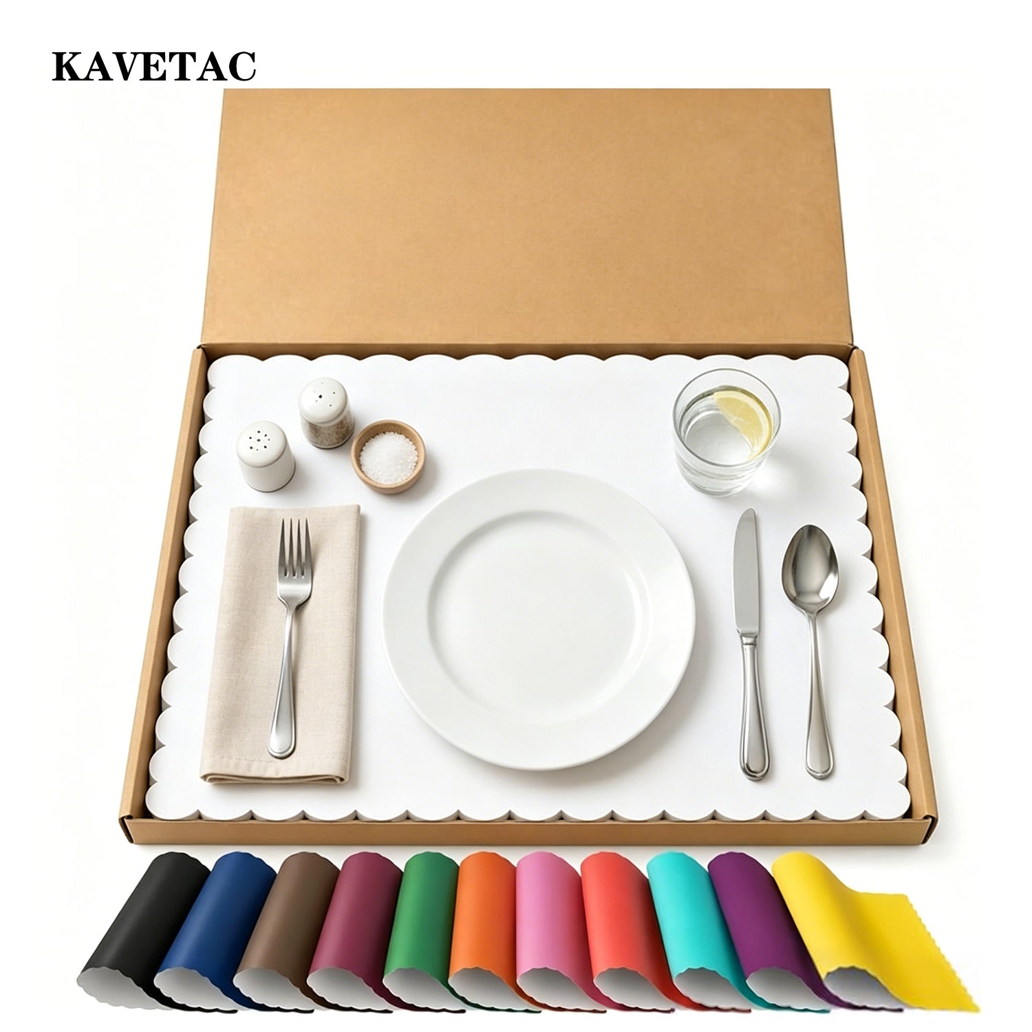 KAVETAC 80pcs Scalloped Paper Placemats – 10" x 14", 80 GSM, Disposable Table Mats in Dispenser Box