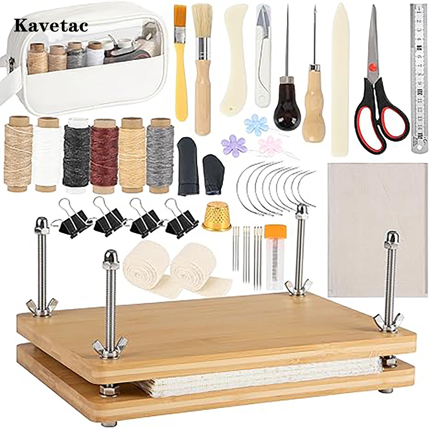 KAVETAC Complete Bookbinding Kit with Bamboo Press, 50+PCS DIY Book Making Tools for Beginners & Hobbyists