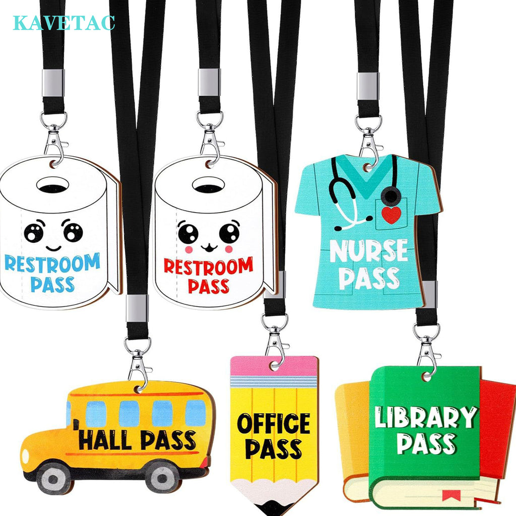 KAVETAC Printed Paper Hall Passes, 6-Pack Themed Classroom Passes with Lanyards for Students