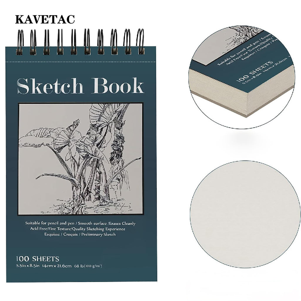 KAVETAC Drawing Paper, Spiral Bound Sketch Book, 100 Sheets Acid-Free Heavyweight Paper for Artists