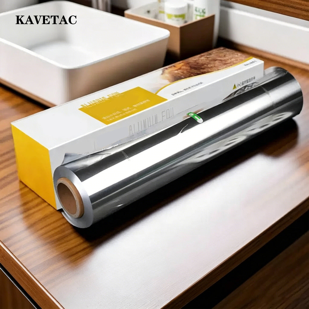 KAVETAC Boxed Aluminum Foil Paper with Built-In Serrated Cutter, Easy-Tear for Home Baking & Barbecue