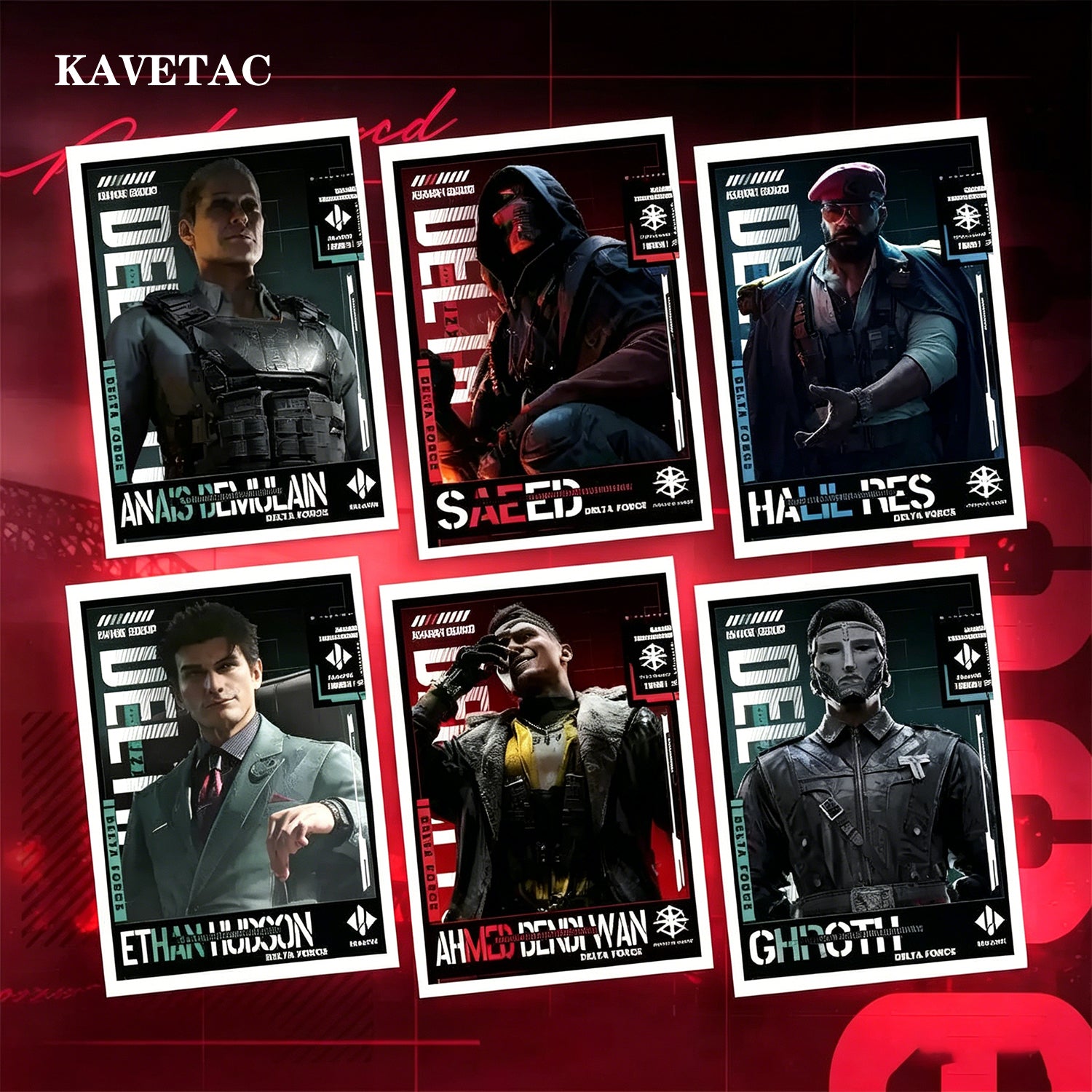 KAVETAC Delta Force Themed Collector Cards, 6PCS Polaroid-Style Character Cards with Metal Finish Printing