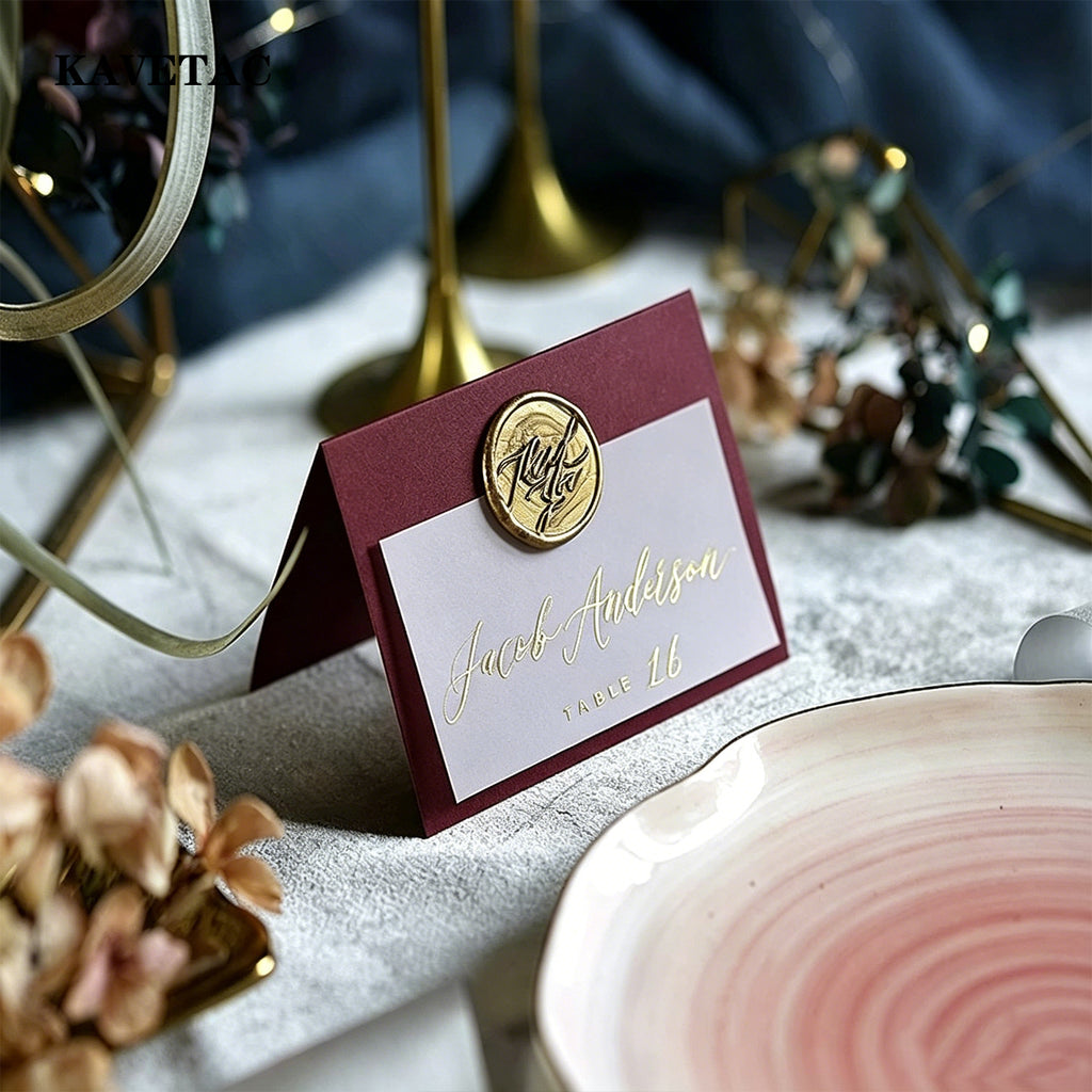 KAVETAC Printed Paper Table Tents, 10PCS with 3 Colors, Wedding & Banquet Place Cards with Gold Foil Style Printing
