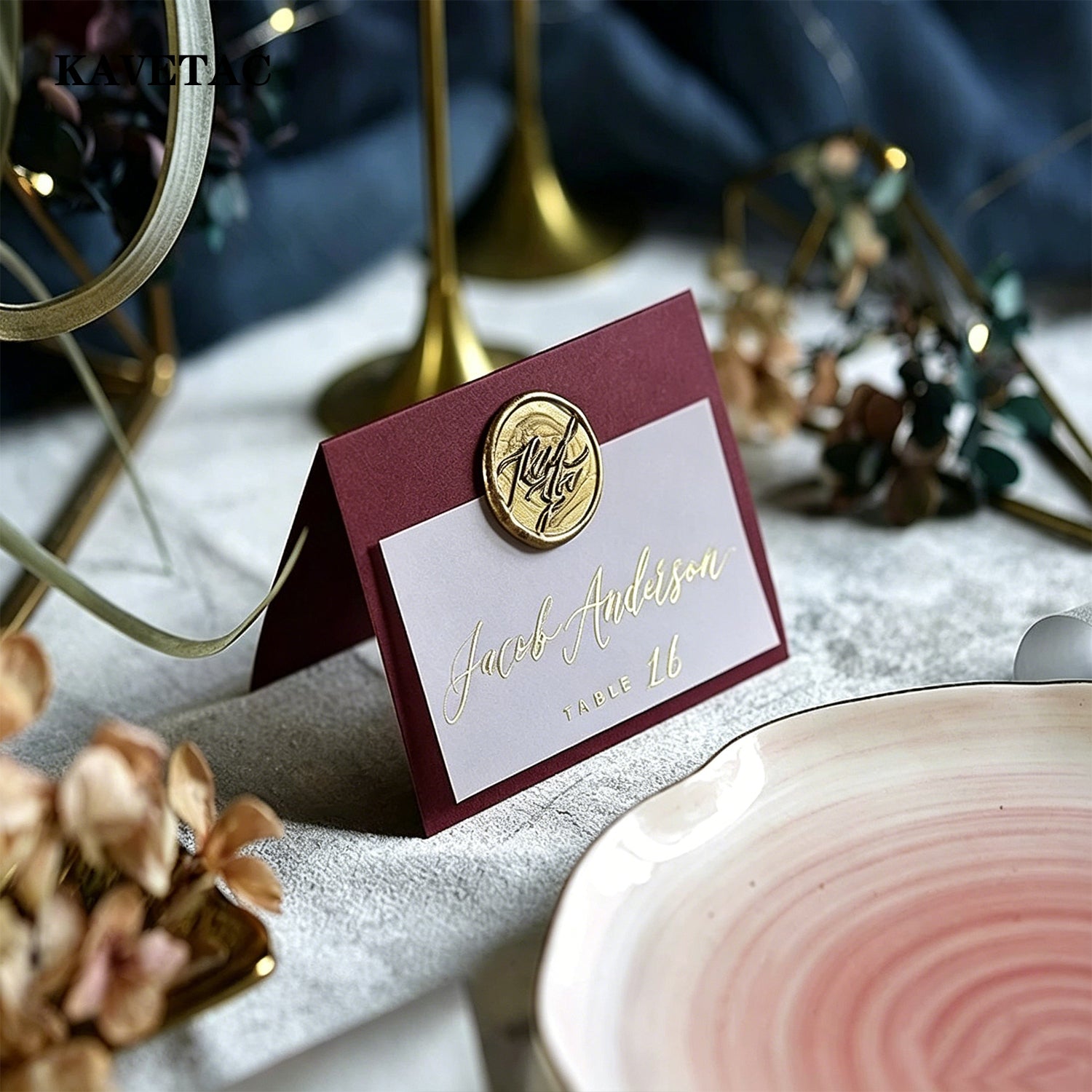 KAVETAC Printed Paper Table Tents, 10PCS with 3 Colors, Wedding & Banquet Place Cards with Gold Foil Style Printing