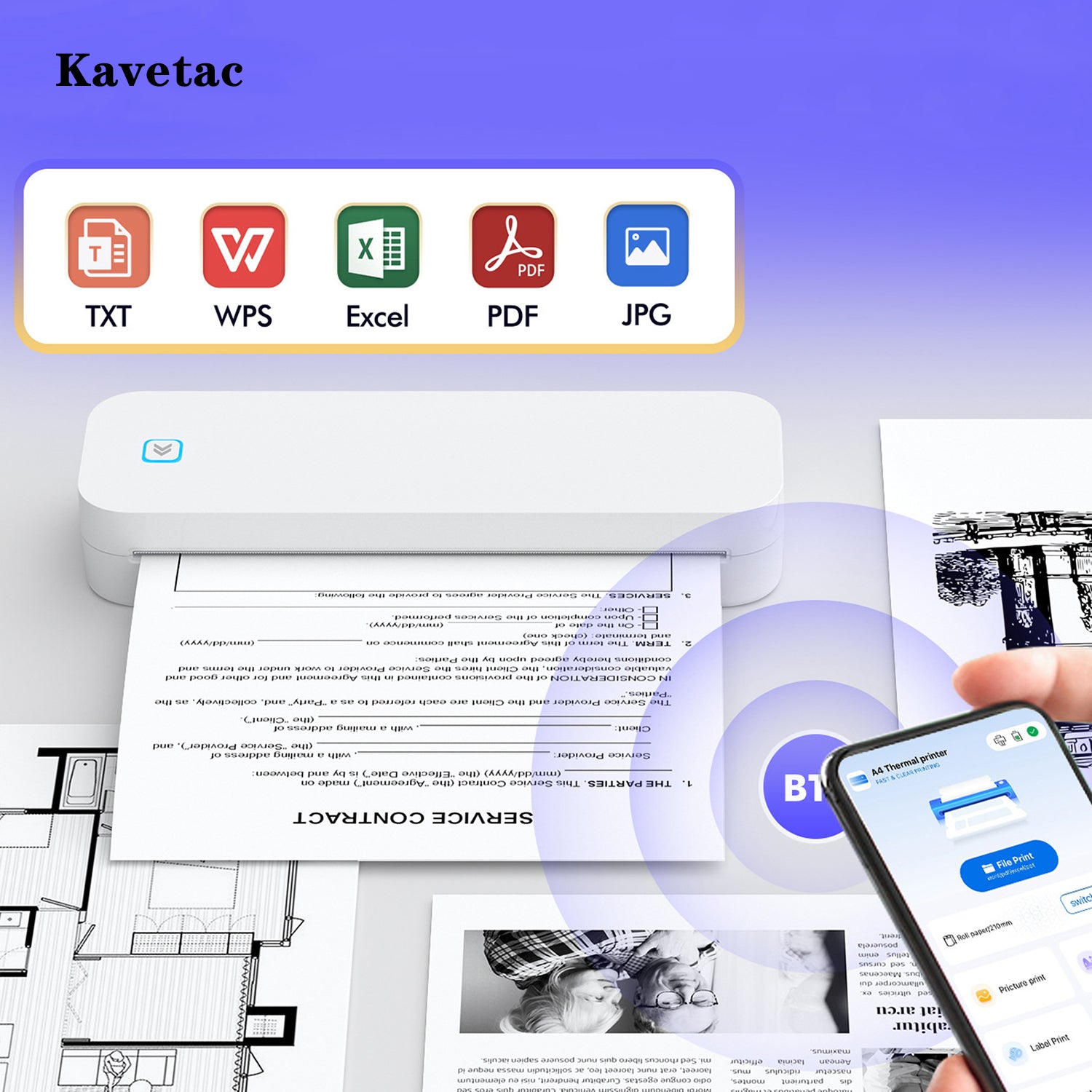 KAVETAC Portable A4 Thermal Address Printer, Wireless Bluetooth Mobile Printer