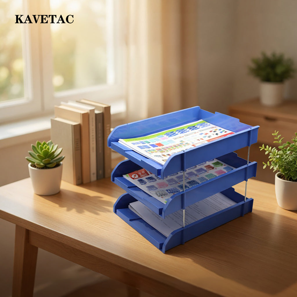 KAVETAC Document File Trays, 3-Tier Stackable Plastic Letter Tray for Office Documents & Papers