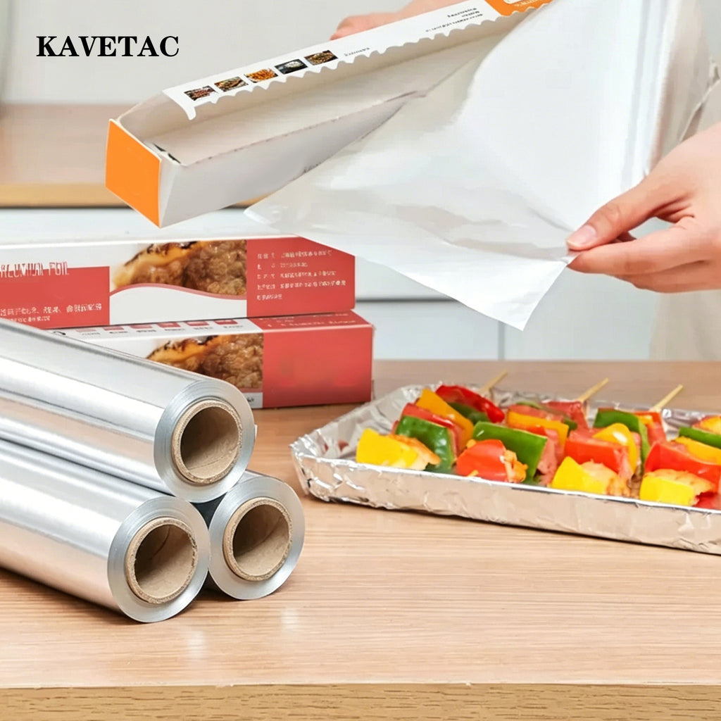 KAVETAC Boxed Aluminum Foil Paper with Built-In Serrated Cutter, Easy-Tear for Home Baking & Barbecue