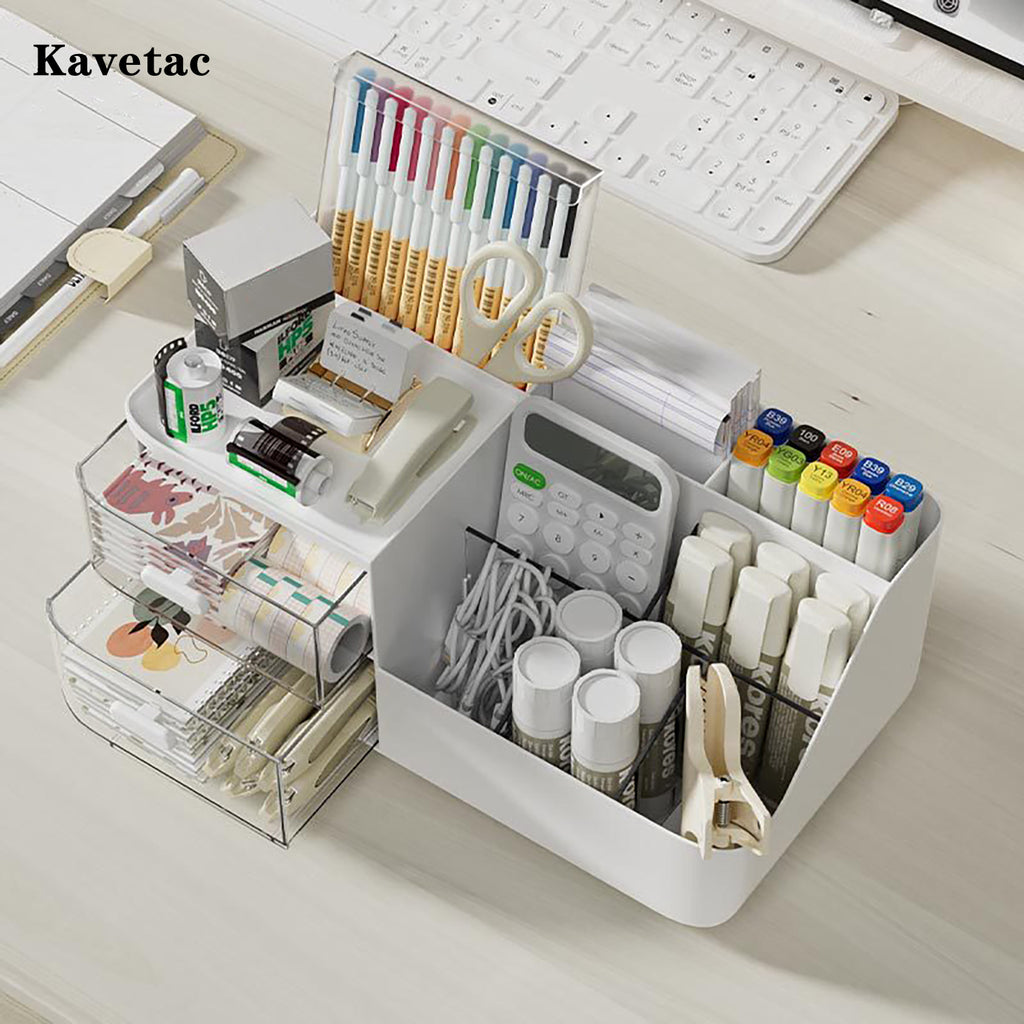 KAVETAC Desk Storage Sets, 8-Compartment Plastic Caddy Set for Stationery, Cosmetics & Small Desk Items