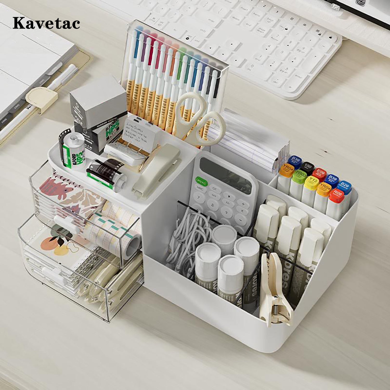 KAVETAC Desk Storage Sets, 8-Compartment Plastic Caddy Set for Stationery, Cosmetics & Small Desk Items