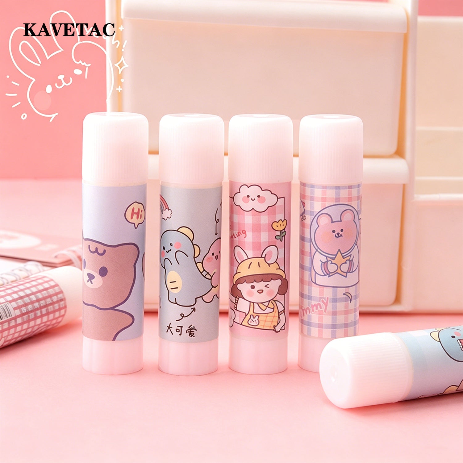 KAVETAC Glues for Office Use, 4-Pack Cute Cartoon Solid Glue Sticks, Strong Adhesive & Easy to Carry for Crafts & Documents