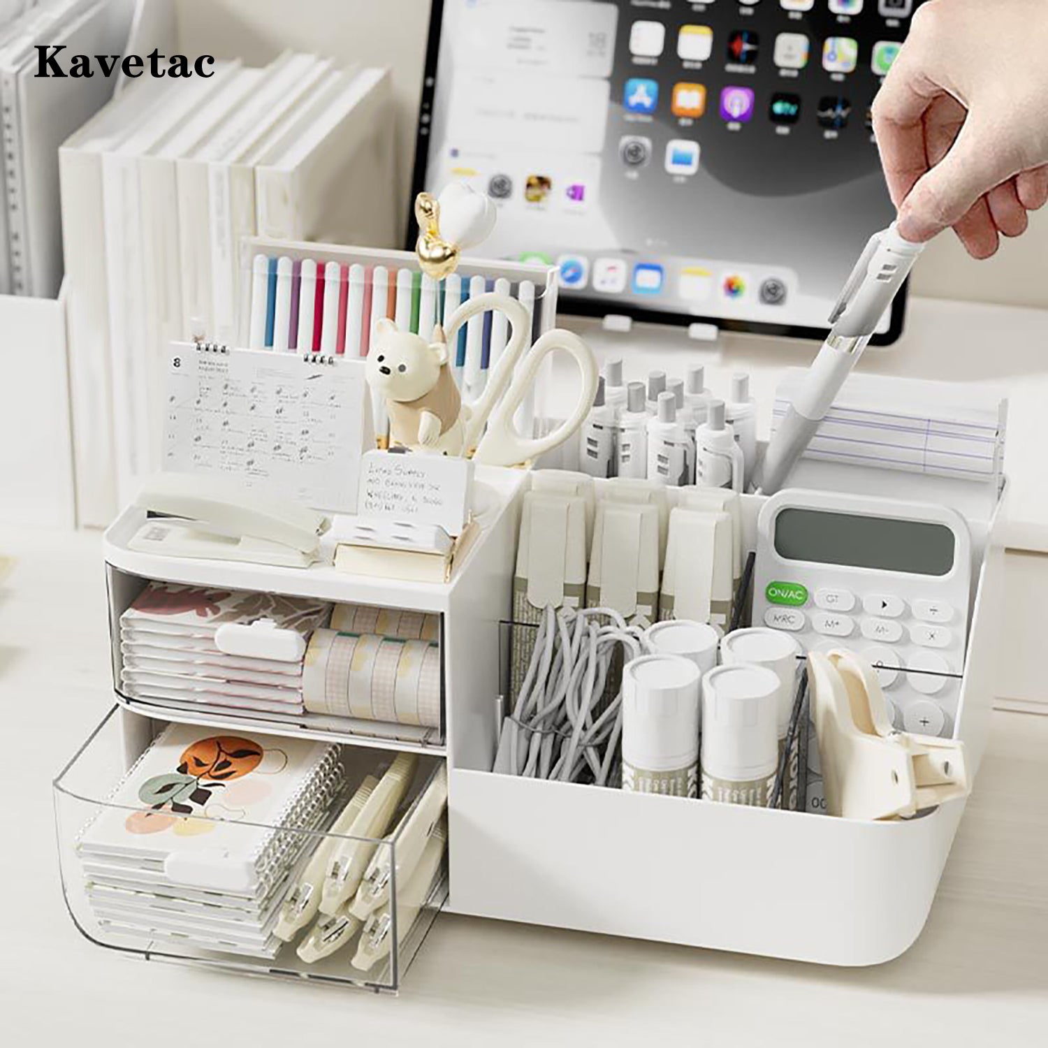KAVETAC Desk Storage Sets, 8-Compartment Plastic Caddy Set for Stationery, Cosmetics & Small Desk Items
