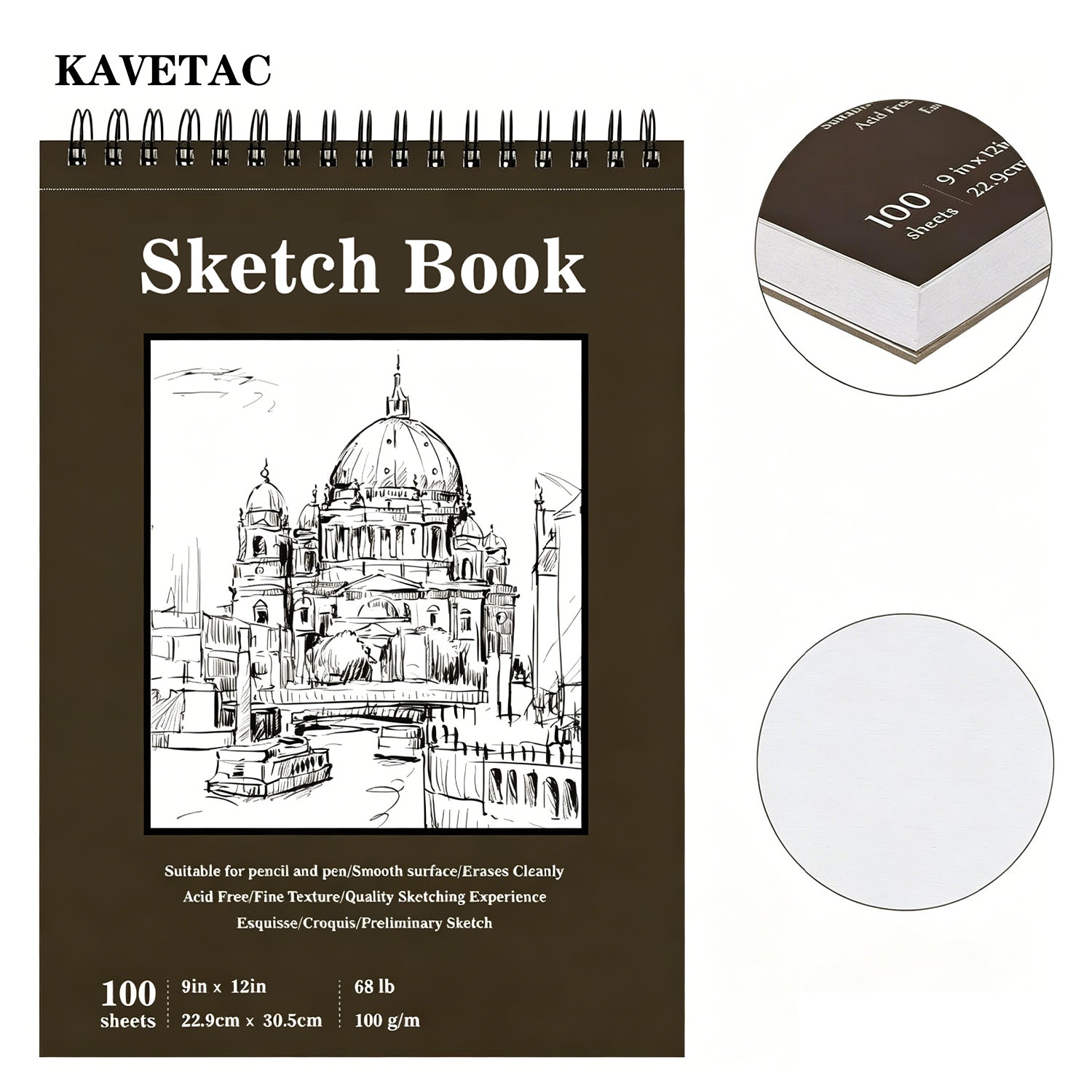 KAVETAC 9" x 12" Sketch Book, Top Spiral Bound Sketch Pad, 100 Sheets 68lb/100gsm Acid-Free Drawing Paper, Art Sketchbook for Drawing Pad for Kids Artists & Beginners Professional Art Supplies for Adults