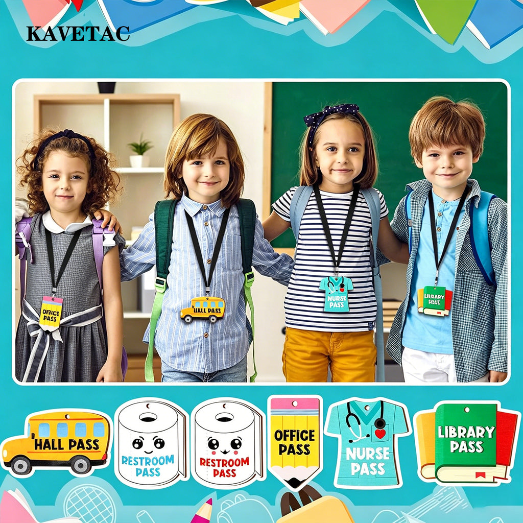 KAVETAC Printed Paper Hall Passes, 6-Pack Themed Classroom Passes with Lanyards for Students
