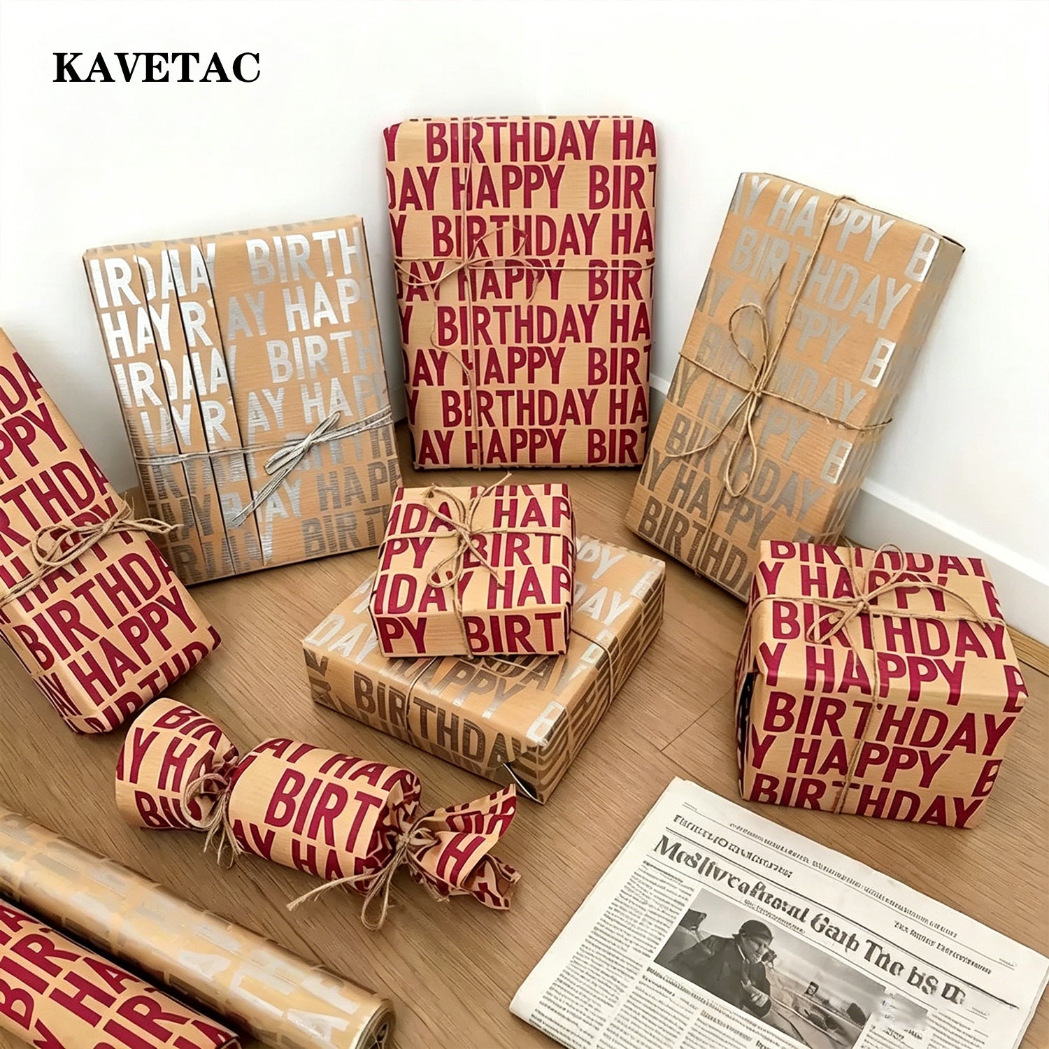 KAVETAC Birthday Kraft Wrapping Paper, 2 Colors (Red/Beige), 50×70cm Gift Wrap Sheets