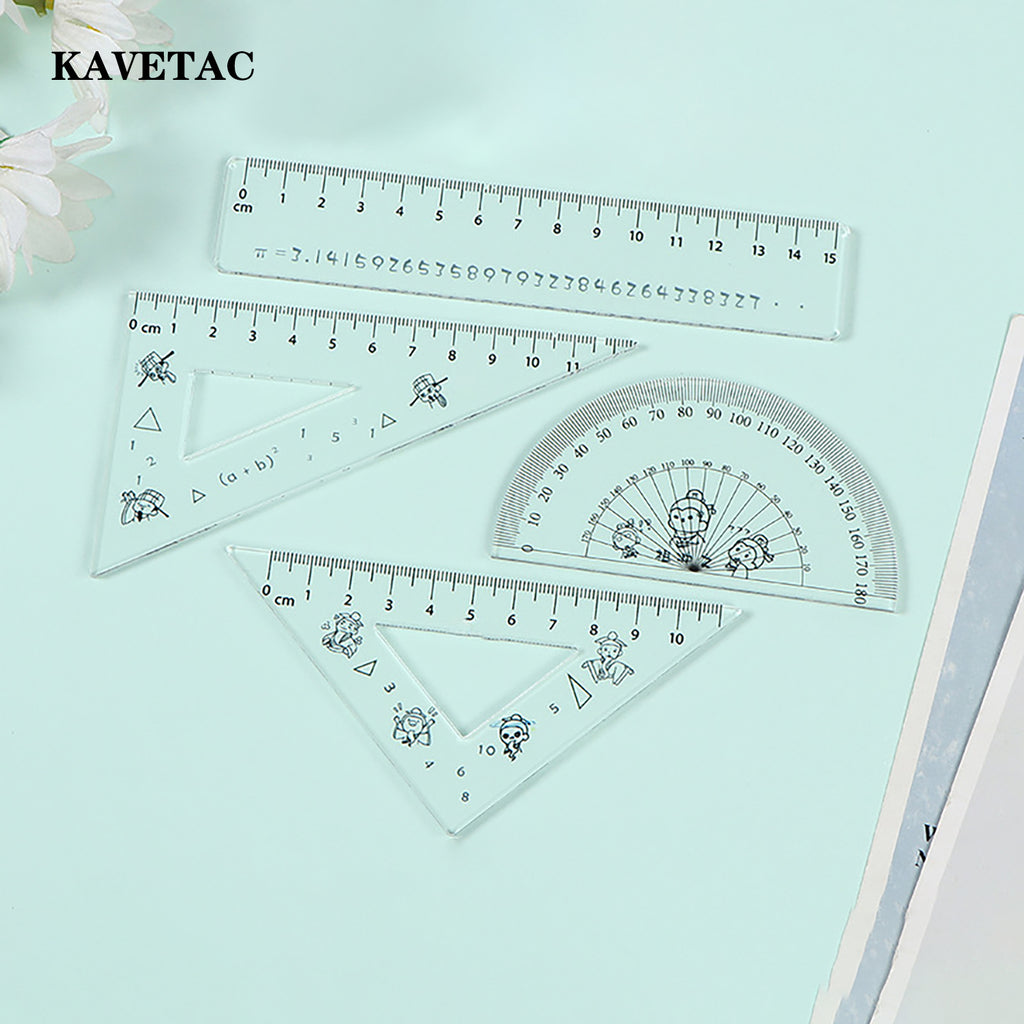 KAVETAC Drawing Triangles Set, Cartoon Printed Acrylic Geometry Kit with Rulers & Protractor, Shatter-Resistant for School Use