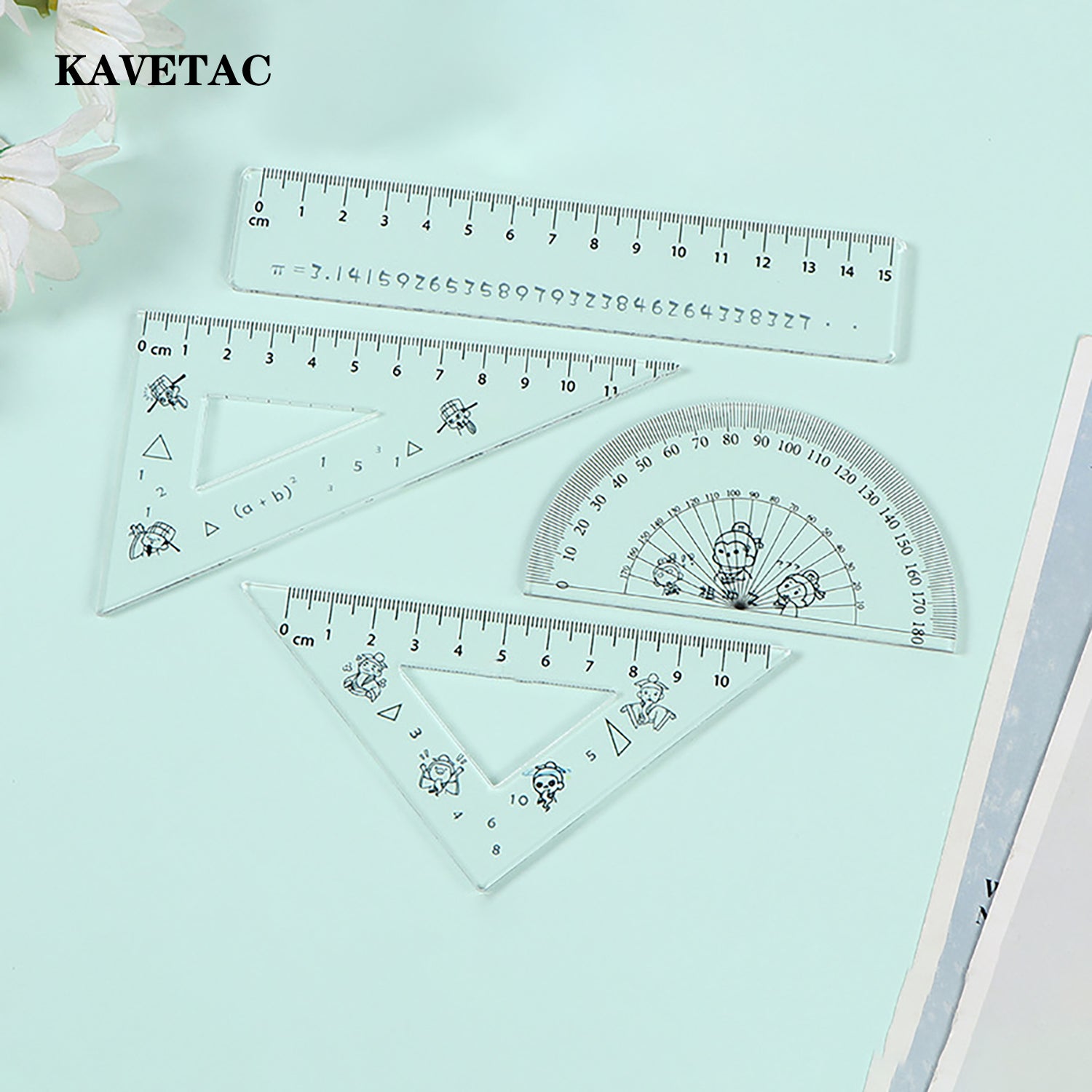 KAVETAC Drawing Triangles Set, Cartoon Printed Acrylic Geometry Kit with Rulers & Protractor, Shatter-Resistant for School Use
