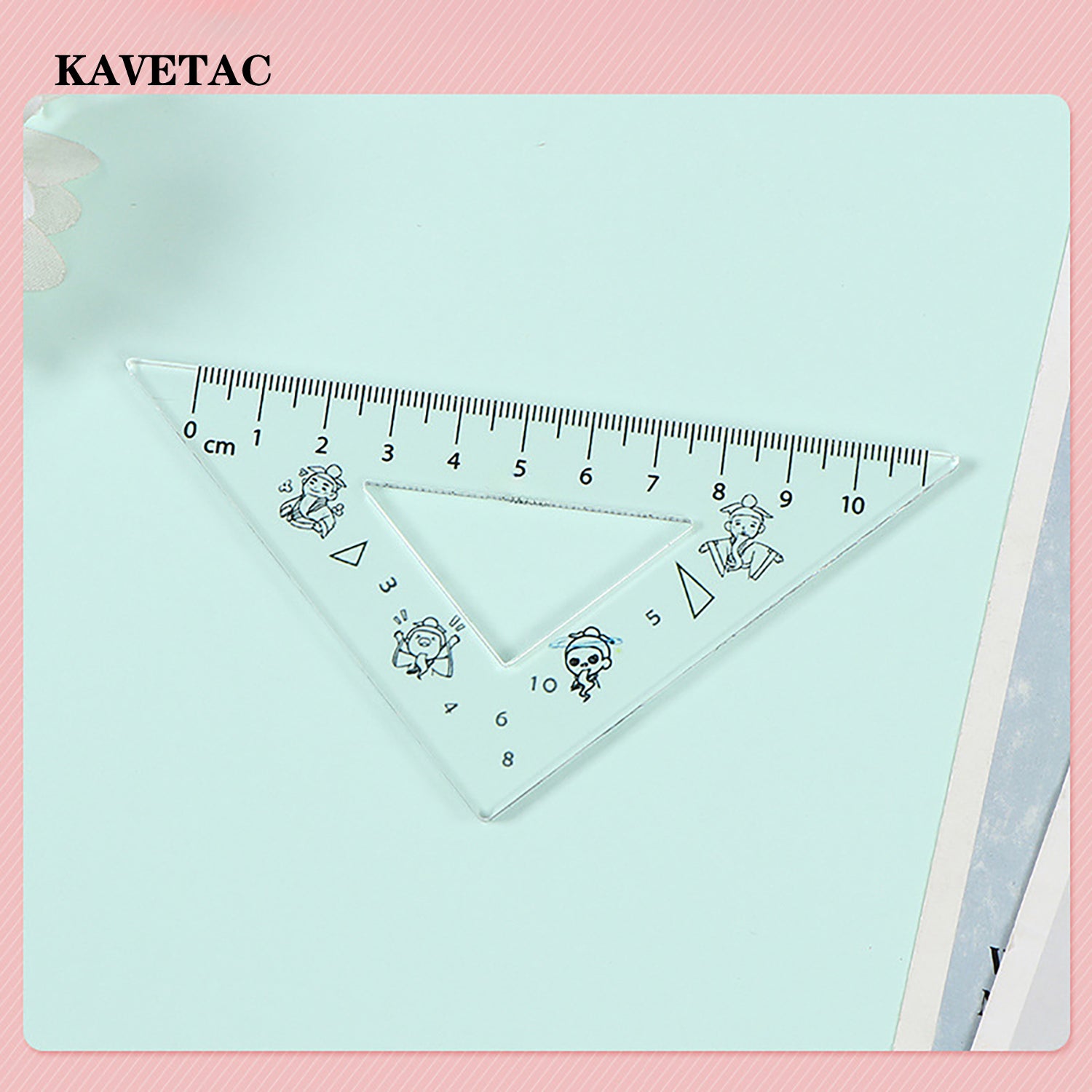 KAVETAC Drawing Triangles Set, Cartoon Printed Acrylic Geometry Kit with Rulers & Protractor, Shatter-Resistant for School Use